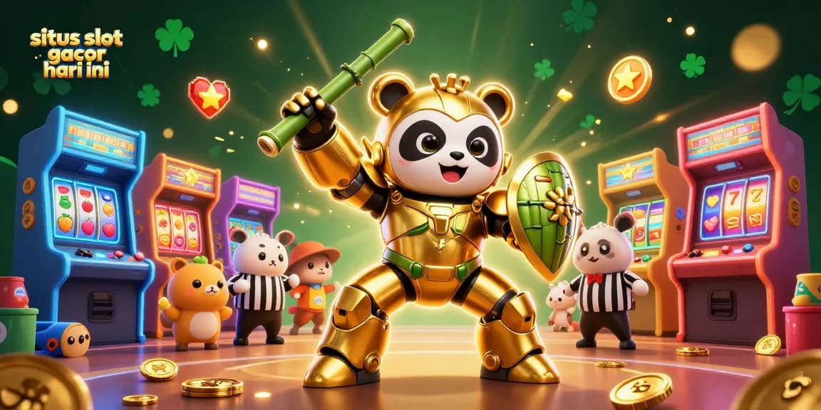 Situs slot gacor hari ini showcasing a thrilling mech-suit panda amidst colorful arcade machines in a lively casino arena.