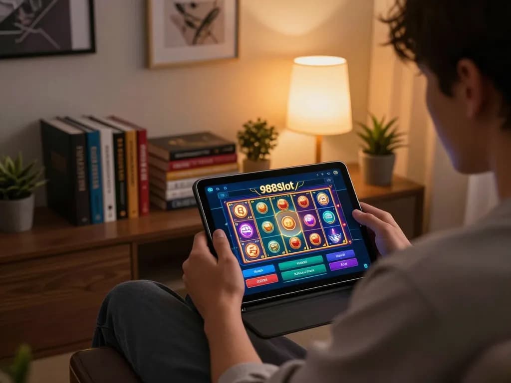 Engaging with the 988slot app on a tablet in a cozy home setup during gameplay.