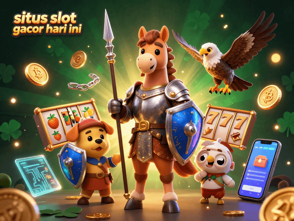 Permainan situs slot gacor hari ini menampilkan karakter lucu dalam ilustrasi kasino berwarna cerah dan elemen slot menarik.