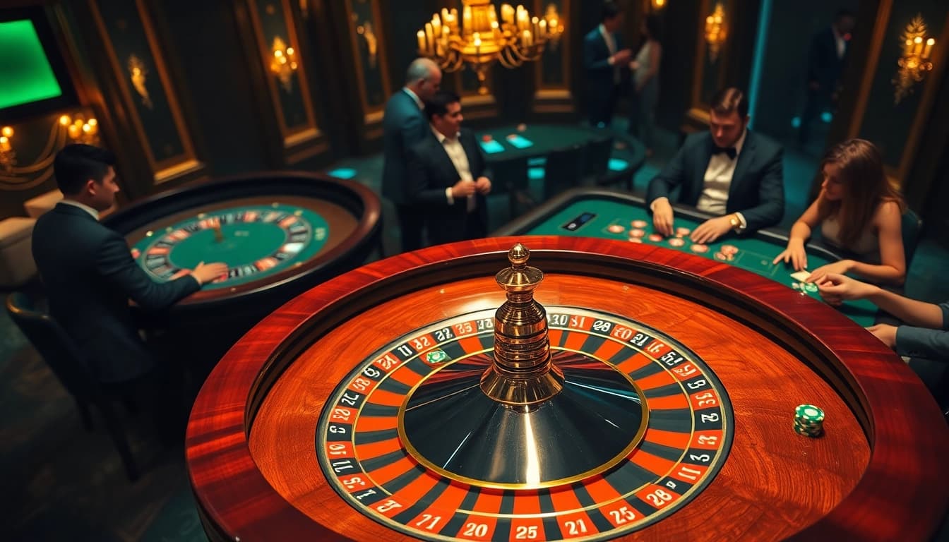 Experience thrilling shbet casino gameplay with a vibrant roulette table and stunning poker setup.
