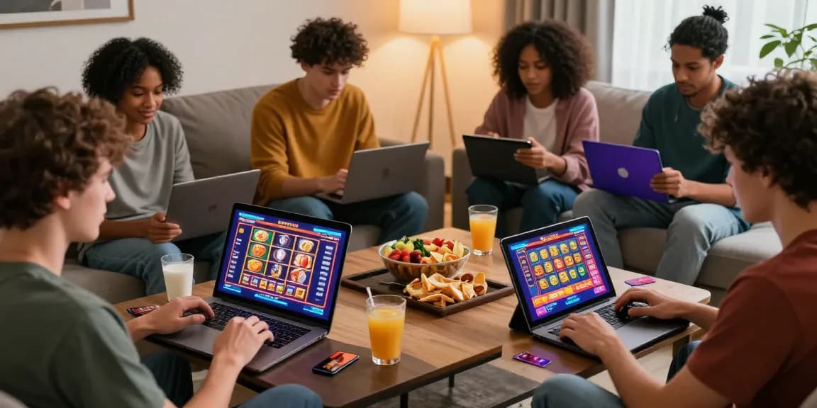Players enjoying credit card casino sites on various devices with gaming icons and a lively atmosphere.