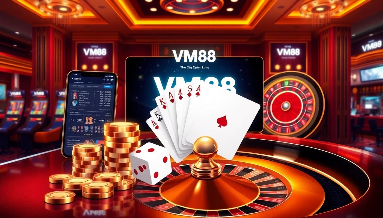 Engaging VM88 online casino interface displaying live bets, poker chips, and dynamic roulette action