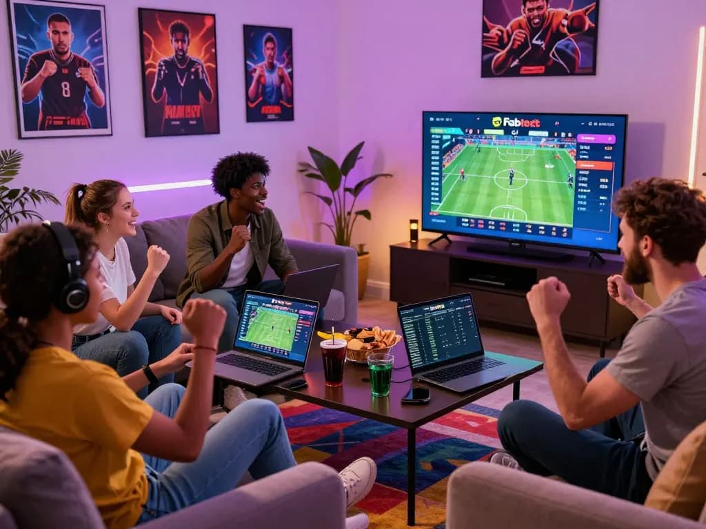 Dynamic group enjoying Fabet sports betting experience in a vibrant gaming room with excitement