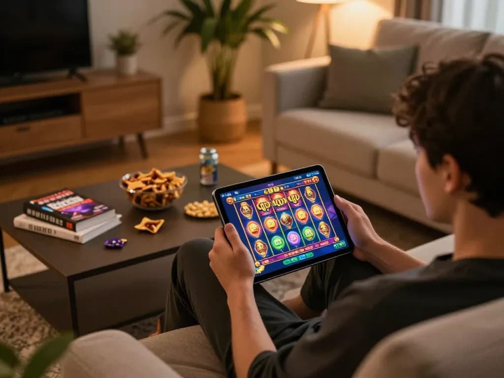 Engaging in slot gacor gameplay on a tablet in a cozy home setting.