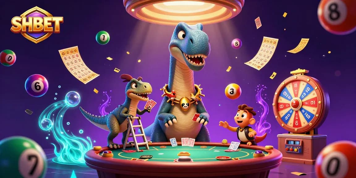 Experience thrilling fun at SHBET with vibrant casino-themed 3D cartoon illustration.