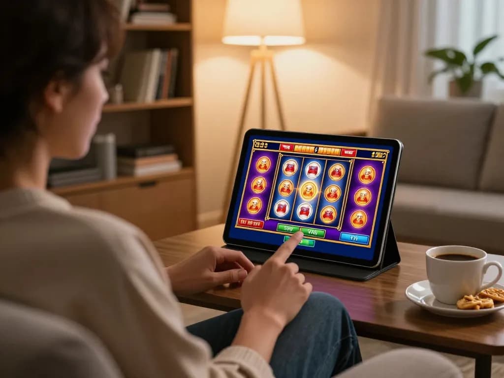 Player engaging in slot games on hi88 tablet, showcasing vibrant graphics and cozy home setup