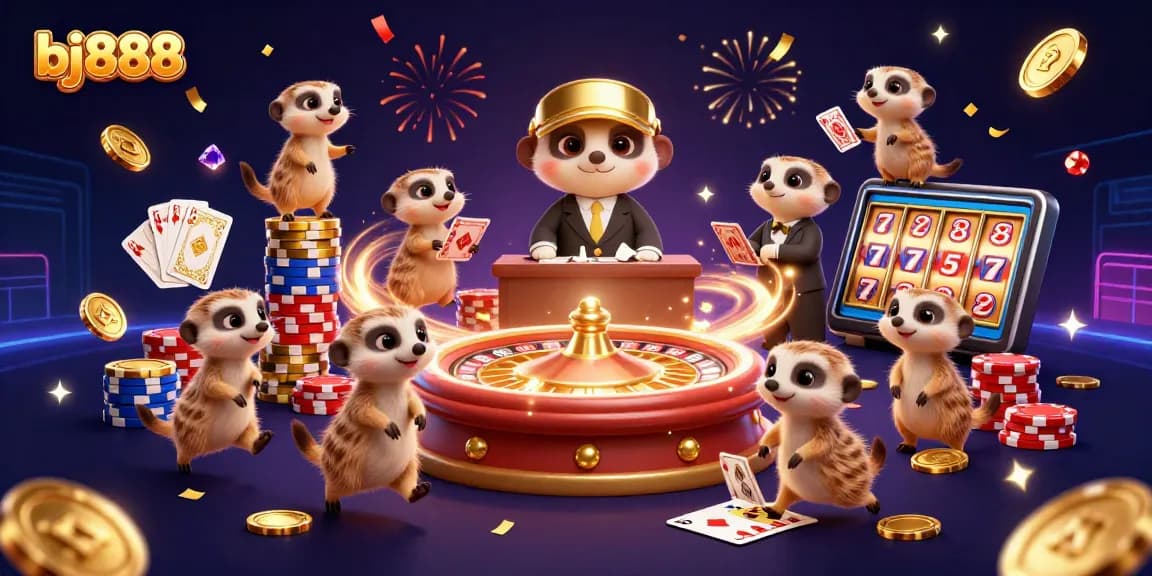 Experience thrilling moments at bj888 with lively meerkats leading a dynamic casino scene full of colorful decor and game elements.