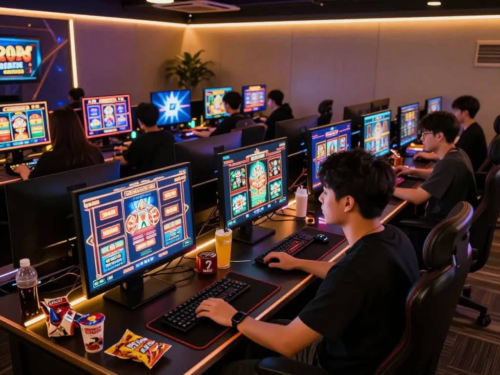 Kdslot player engaging with vibrant online slot games on multiple screens in a cozy gaming setup.