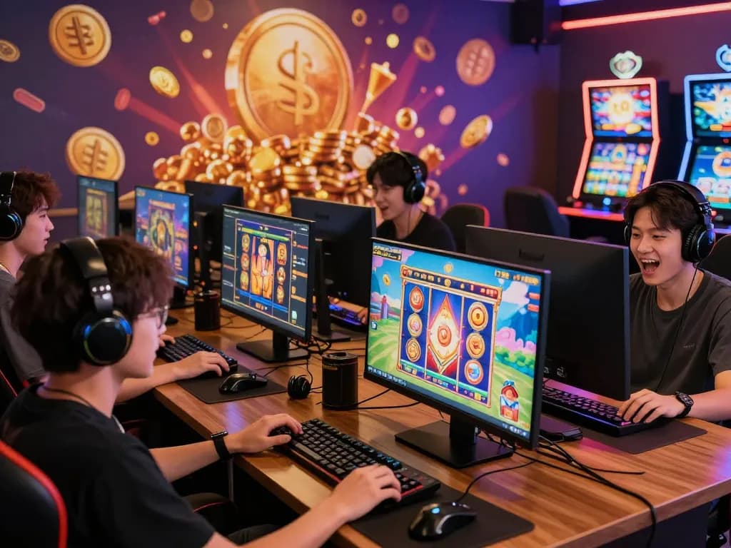 Experience the thrill of barcaslot, players immersed in exciting digital slot games surrounded by colorful graphics and gaming accessories.