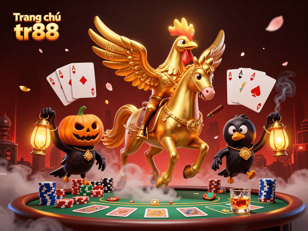 Engage in thrilling gameplay at Trang chủ tr88, featuring a vibrant casino scene with golden rooster and poker elements.