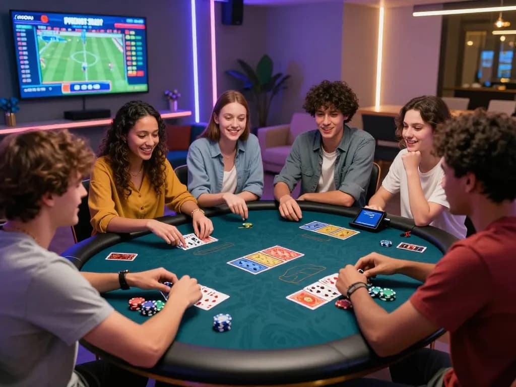 Kuwin online gaming experience with friends around a digital gaming table, engaging in strategic play.
