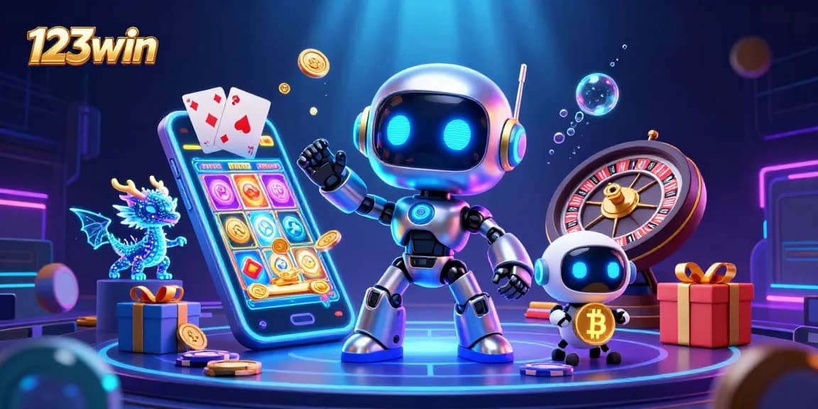 Engage in thrilling gameplay at 123win with dynamic visual elements like slot games and poker chips.