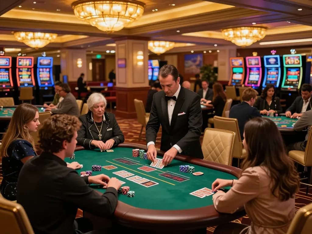 Players engage in blackjack strategy at Alarife Architects' luxurious casino venue, showcasing excitement.