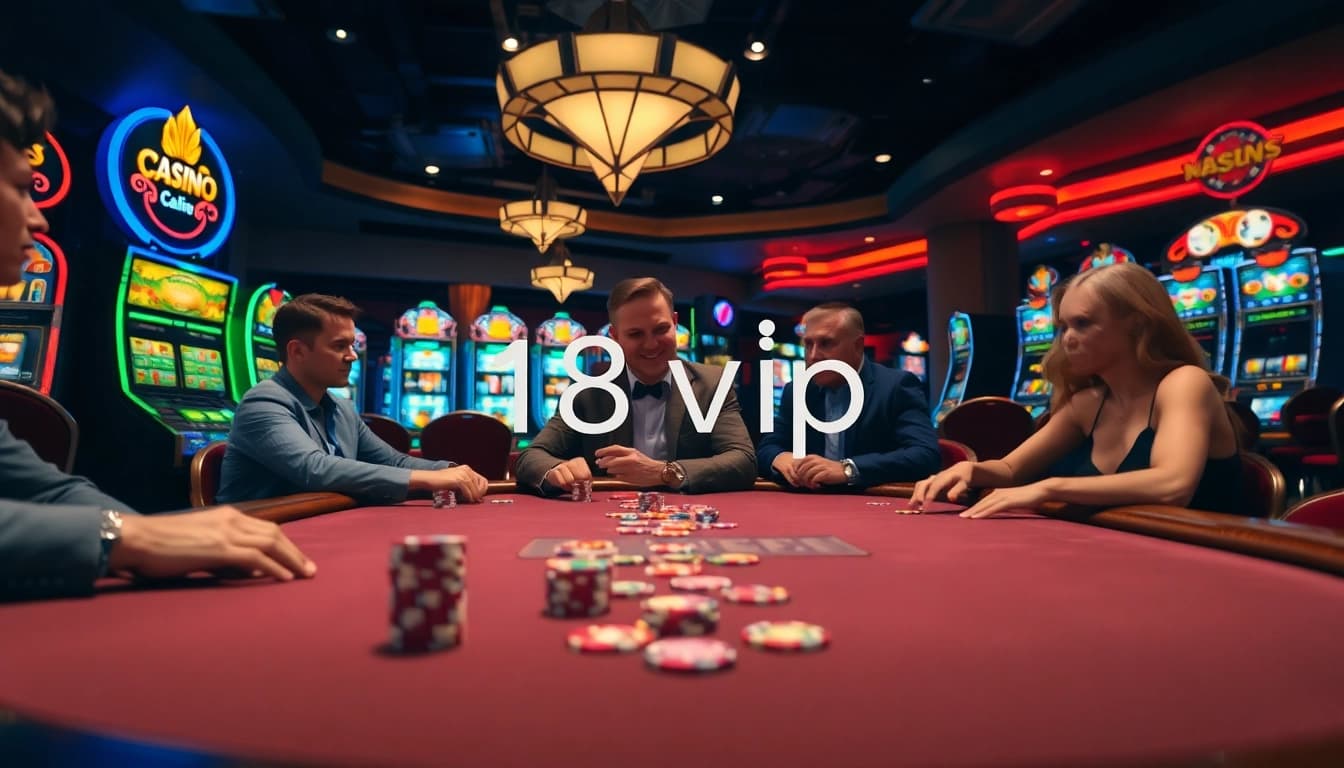 Engaging poker scene at 18vip娛樂 casino with vibrant players and colorful slot machines.