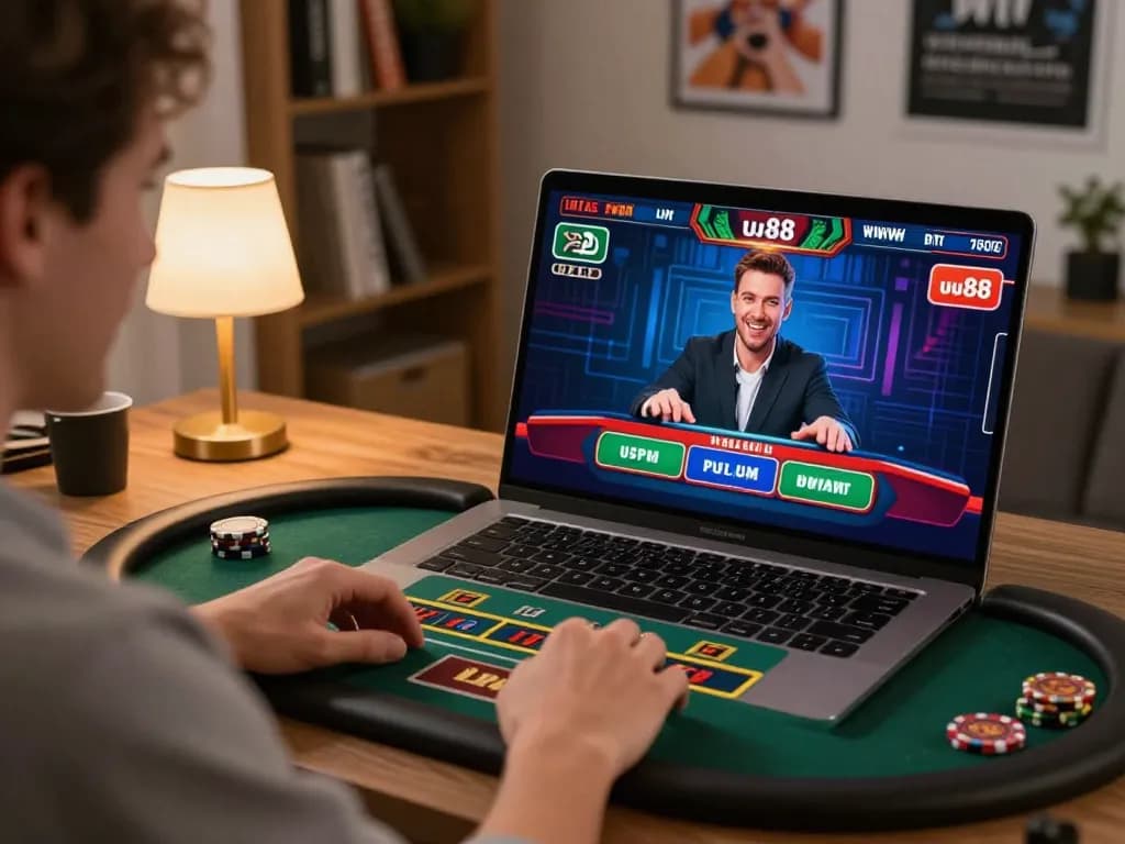 Player engaging in online casino gameplay at uu88 website from a cozy home office, showcasing strategic betting.