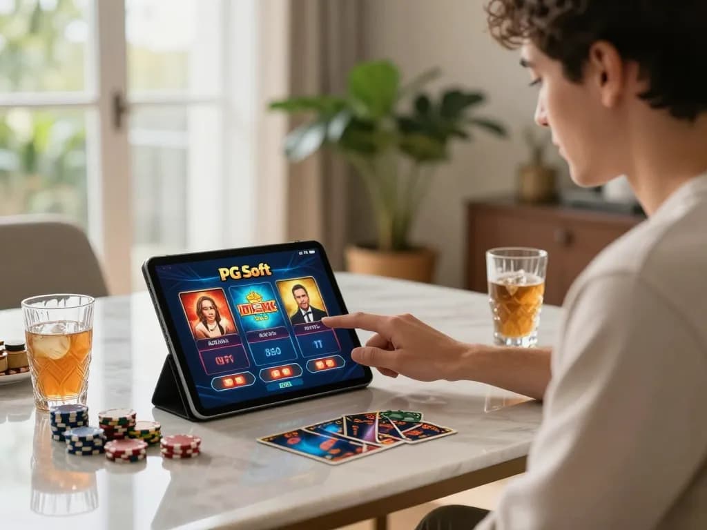 Pemain terlibat dalam permainan Slot Demo PG Soft secara online di tablet dengan chip kasino di sampingnya.