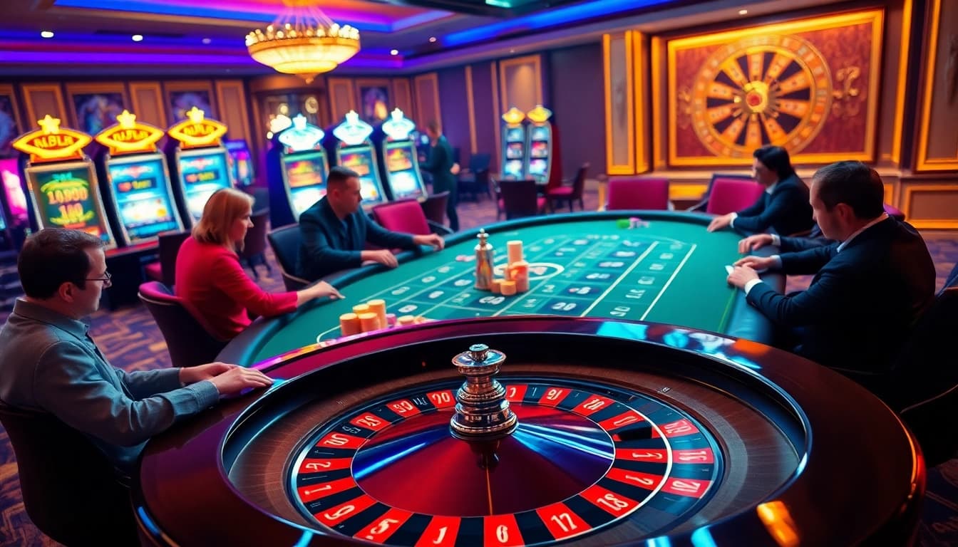 Experience excitement at https://xx88.vin/ with lively poker players at a luxurious gaming table in a vibrant casino scene.