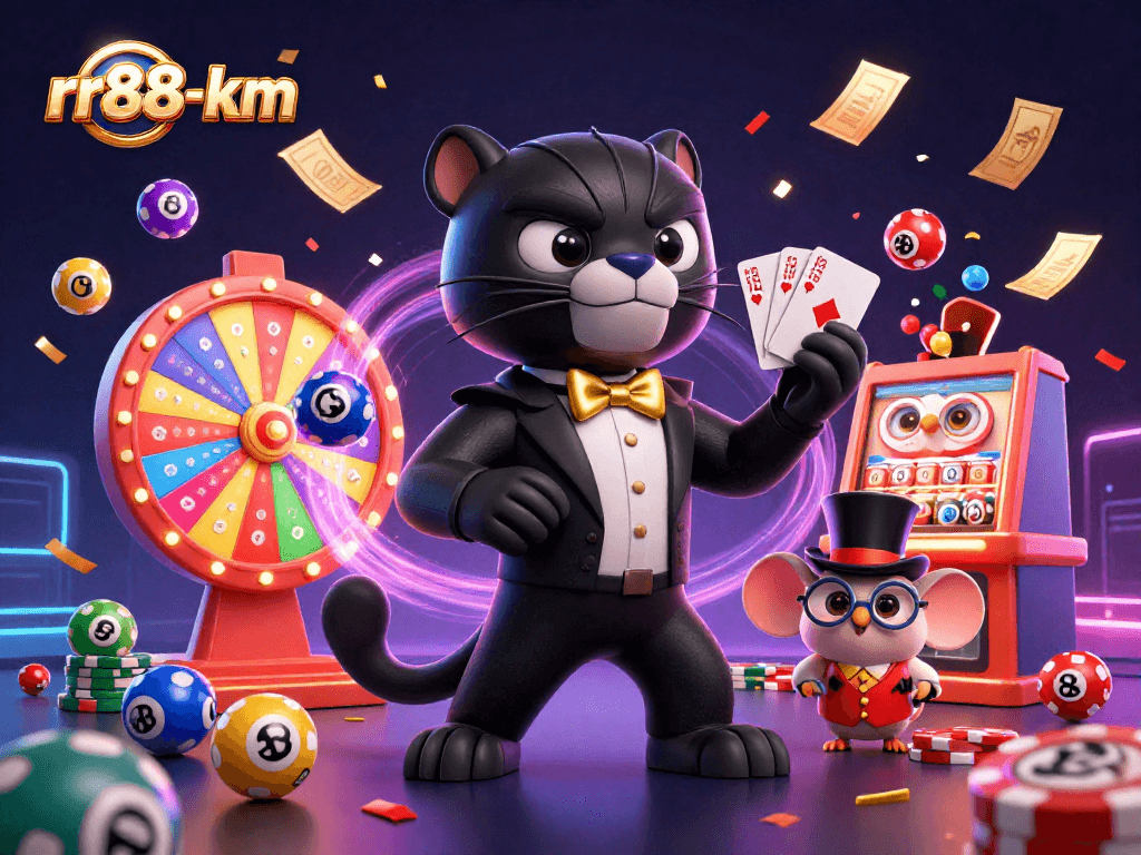 Engage with rr88-km as the panther deals cards amidst vibrant casino elements.