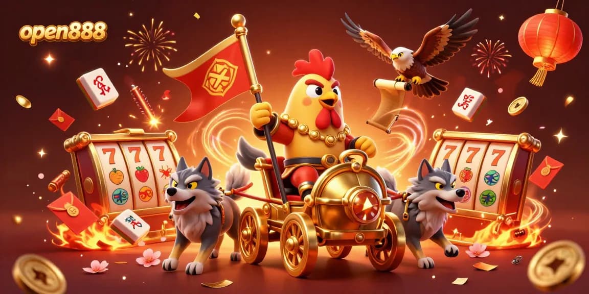 Experience the excitement of open888 with a dynamic scene featuring a rooster warlord amidst casino symbols.
