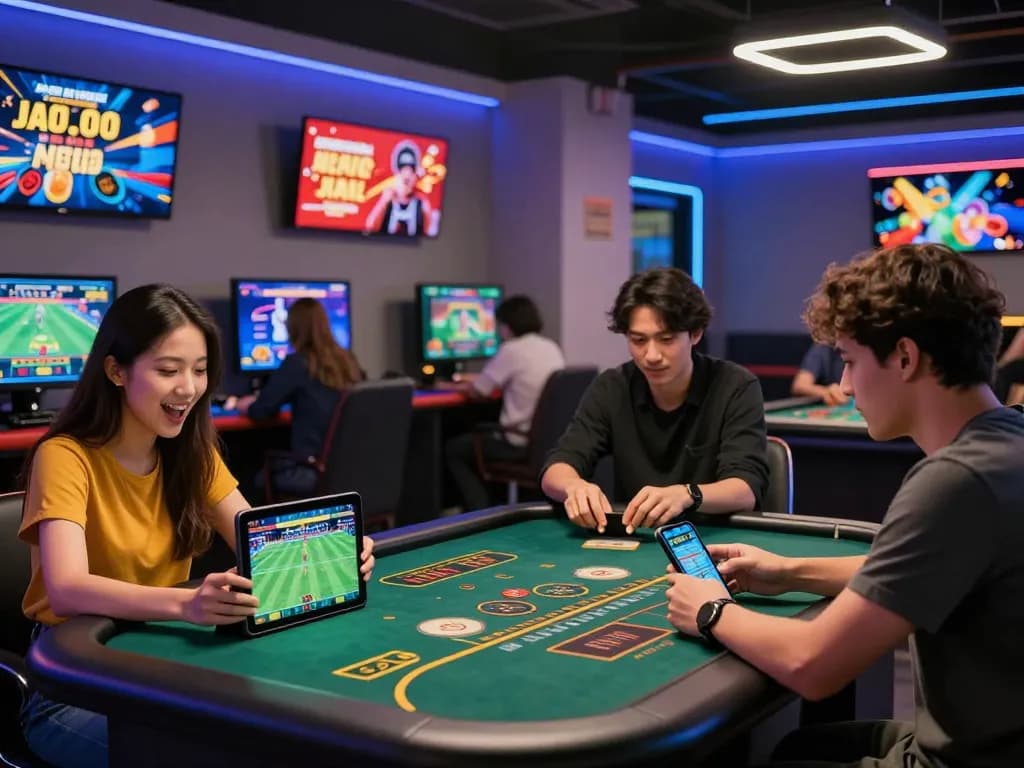 Engaging online gambling scene at https://3win.baby/ with players enjoying live sports betting and casino games in a vibrant lounge.