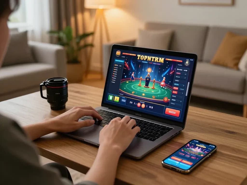 Engaging gameplay on casinoer uden rofus in a cozy home setup, showcasing online gaming action.