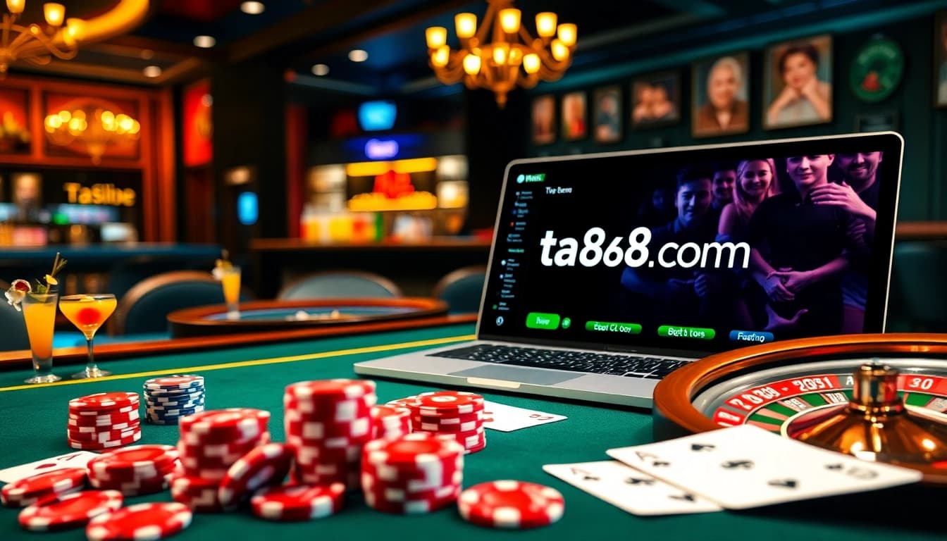 Experience the thrill of winning at ta88 com, with vibrant poker tables and dynamic casino visuals.