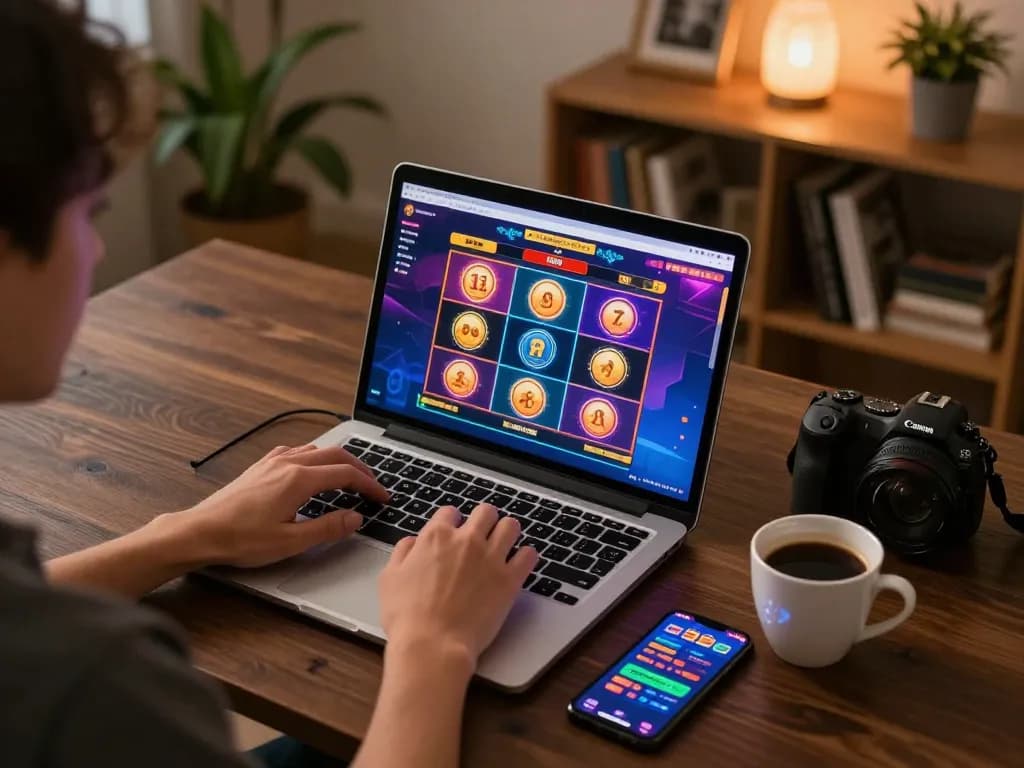 Engaging online gaming experience with redefinedelegance, featuring a laptop displaying slot games.
