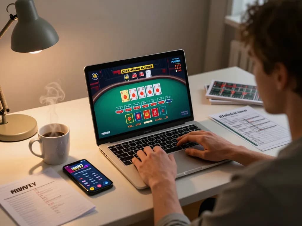 Player engaging in an MM99 live dealer blackjack game on a laptop, showcasing strategic gameplay.