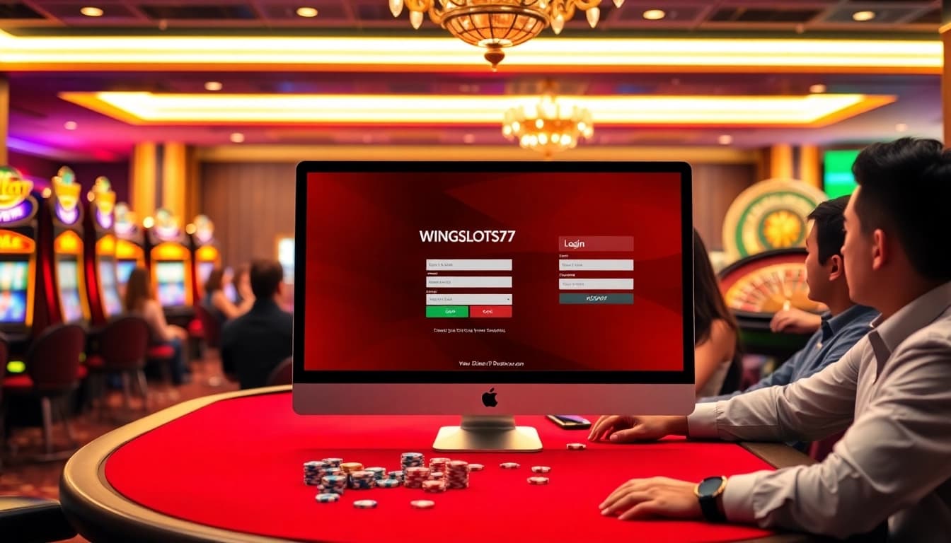 Enjoy seamless gaming with Wingslots77 Login at a luxurious casino featuring vibrant slot machines.