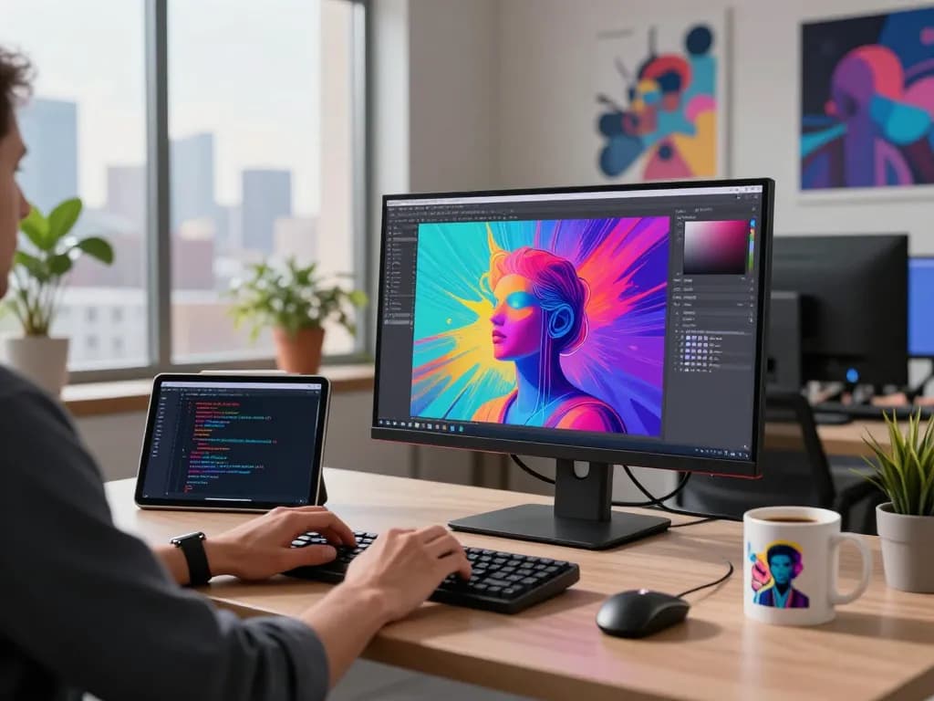 Dynamic AI nsfw content creation workspace with professional using innovative tools and tech.
