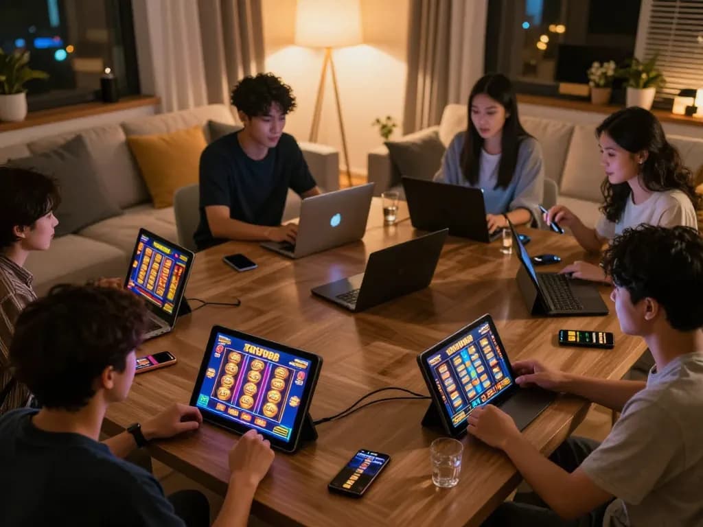 Pemain yang terlibat dengan permainan slot tokyo88 di perangkat seluler dalam suasana rumah yang nyaman, menciptakan atmosfer sosial.
