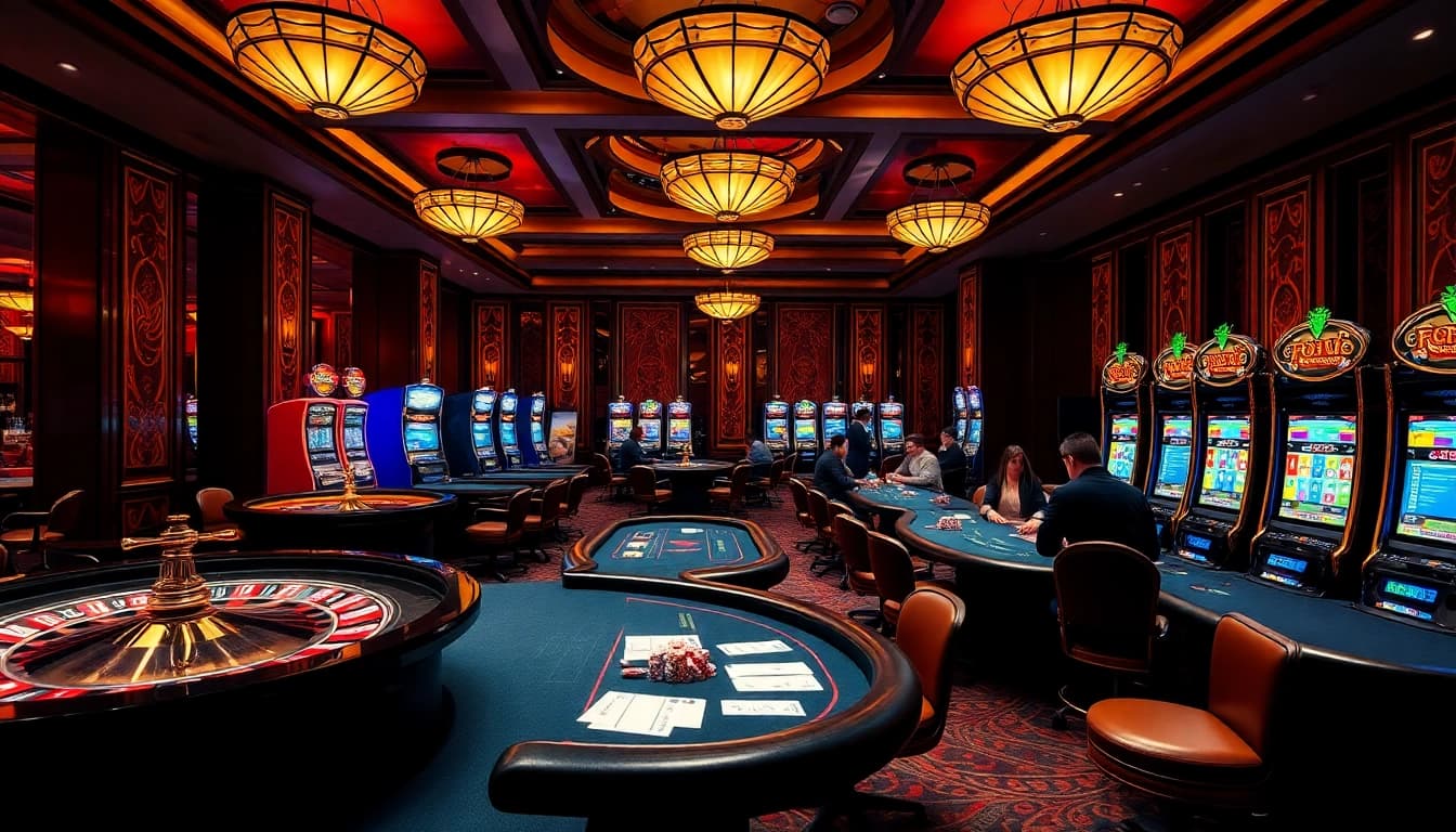 Experience thrilling gameplay at F8bet casino with luxurious tables and vibrant slot machines.