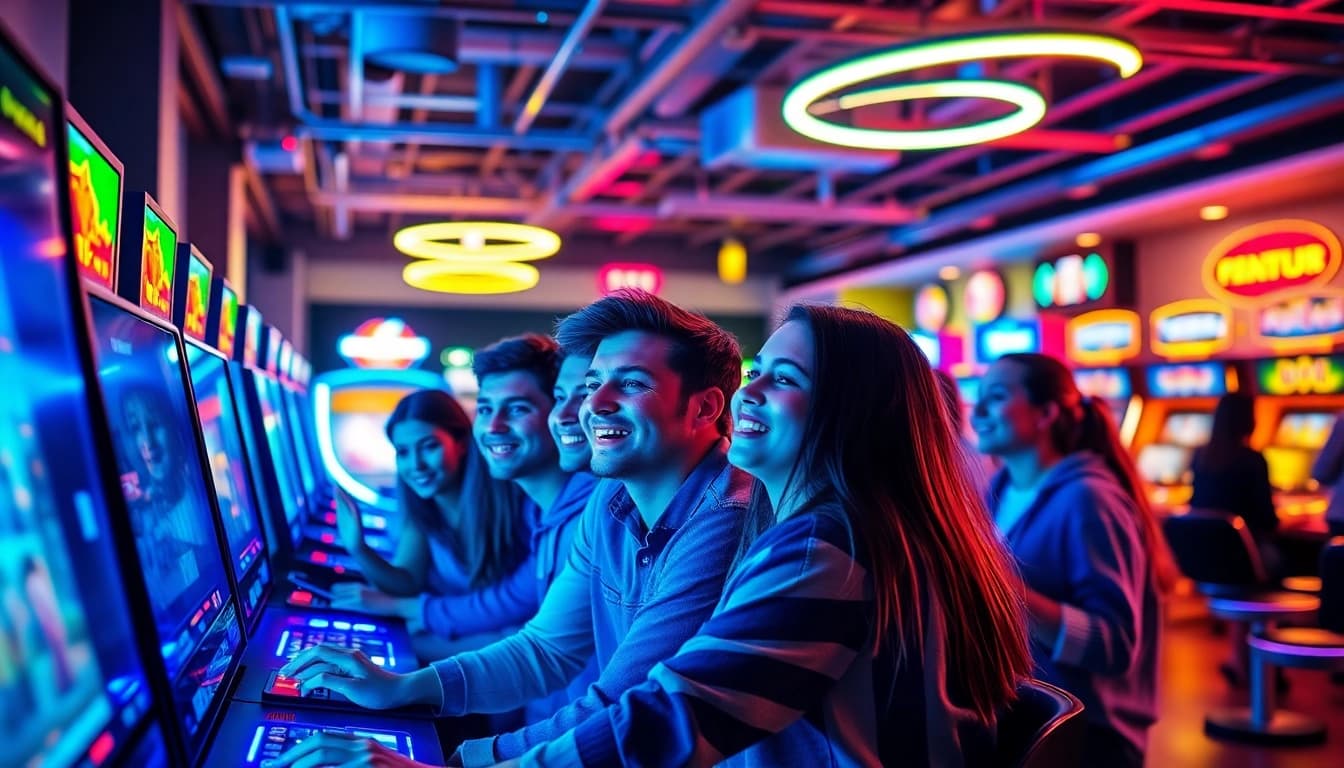 Exciting gaming environment at AT99娛樂 with friends engaging in games and vibrant LED lights.