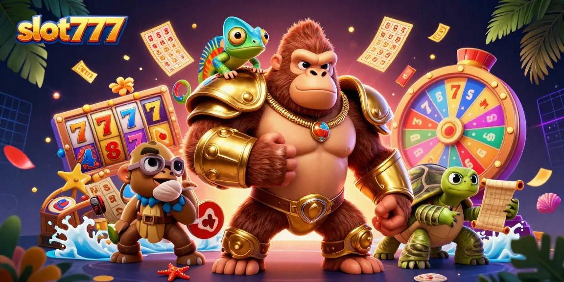 Spin the reels with slot777 as a king gorilla and friends celebrate wins in 3D casino style.