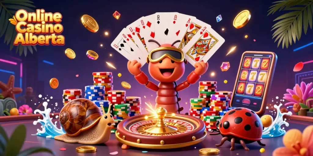 Experience exciting moments at Online Casino Alberta with playful characters and vibrant casino elements.