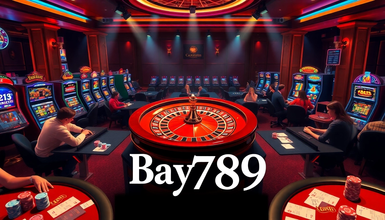 Engage in thrilling gambling action at Bay789 with vibrant roulette, poker tables, and colorful chips.