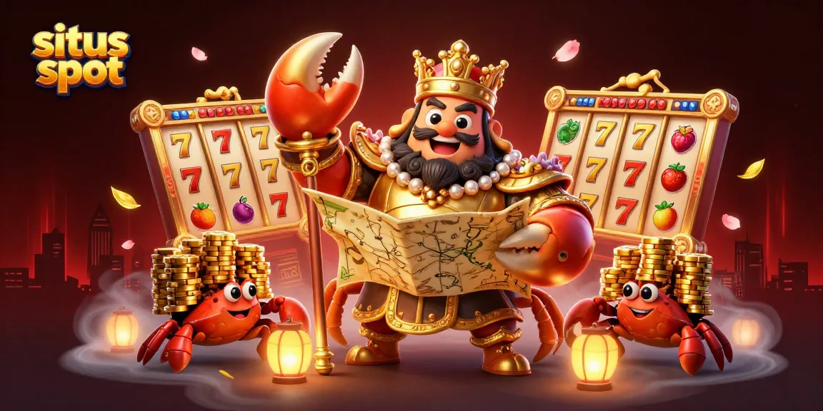 Spin the reels at situs slot with a dynamic 3D illustration showcasing a golden crab emperor amidst casino symbols.