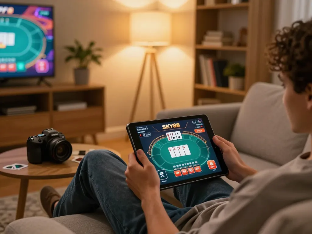 Engaging in immersive online gaming on SKY88 app from a cozy home setup.