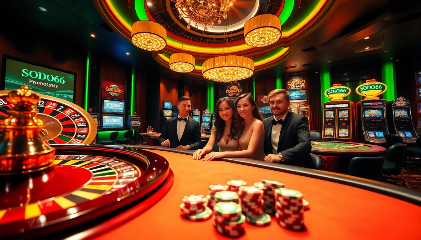 SODO66 players enjoy thrilling games at a luxurious casino filled with vibrant poker tables and slot machines.