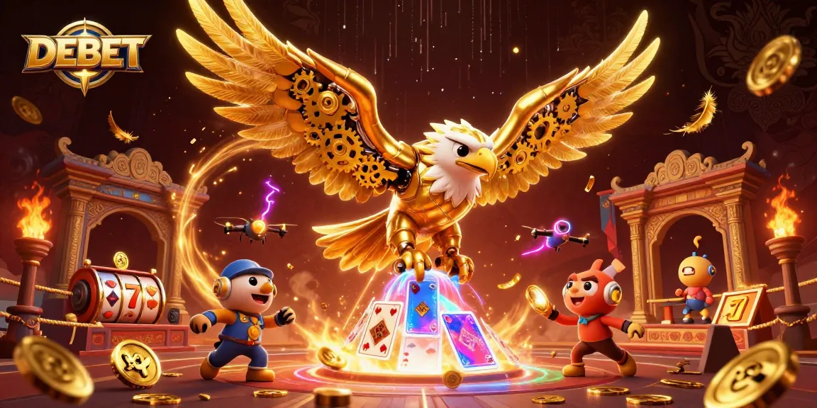 DEBET soars with a cybernetic eagle gaming amidst vibrant slot reels and a dramatic arena.