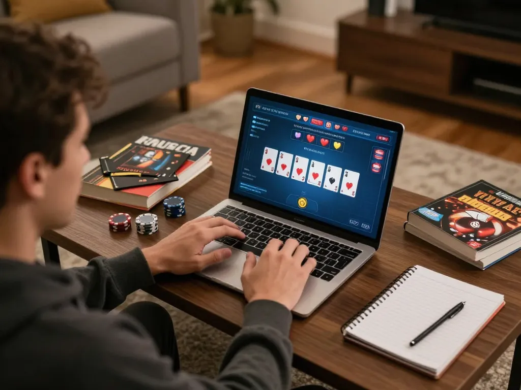 Intense gameplay of Tr88 game shown on laptop in a cozy living room setting, promoting responsible gambling.