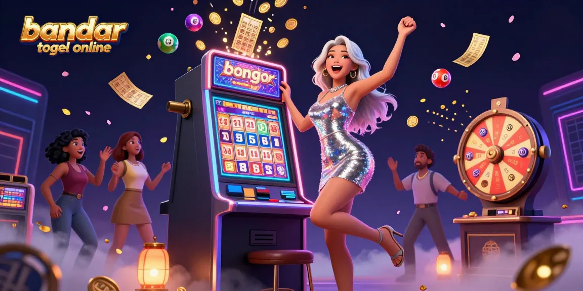 Experience excitement with bandar togel online as a stunning Asian woman celebrates winnings next to a jackpot slot.