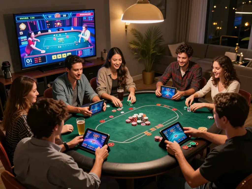 Friends enjoying a thrilling poker game on TR88, showcasing virtual interface and social atmosphere.