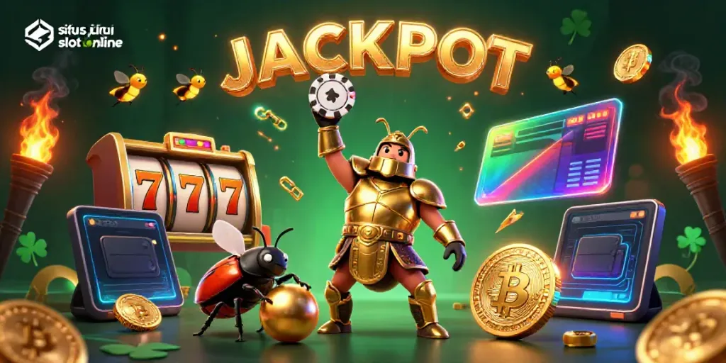 Menggoda pemain dengan situs judi slot online yang menampilkan jackpot di antara karakter menarik dan elemen slot.