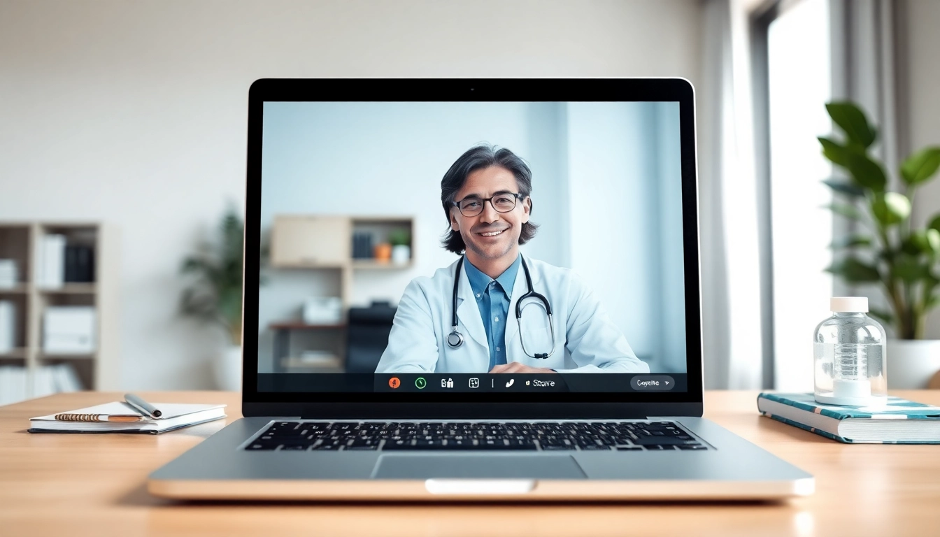 Engaging low cost telemedicine consultation with a healthcare provider in a modern office setting.
