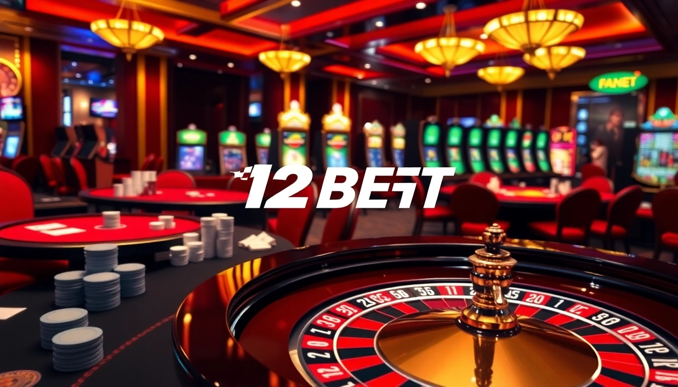 Experience thrilling gameplay at 12BET with a vibrant casino atmosphere featuring gaming tables and slot machines.