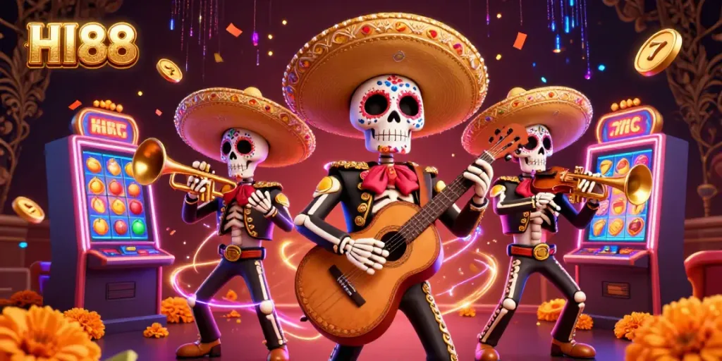 Exciting HI88 casino scene with mariachis, slot machines, and festive elements.