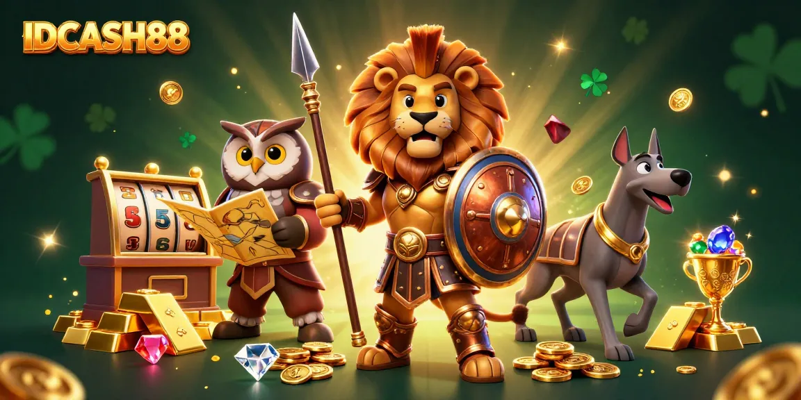 Spin to win at IDCASH88 with vibrant slot reels and adventurous characters promising fortune.