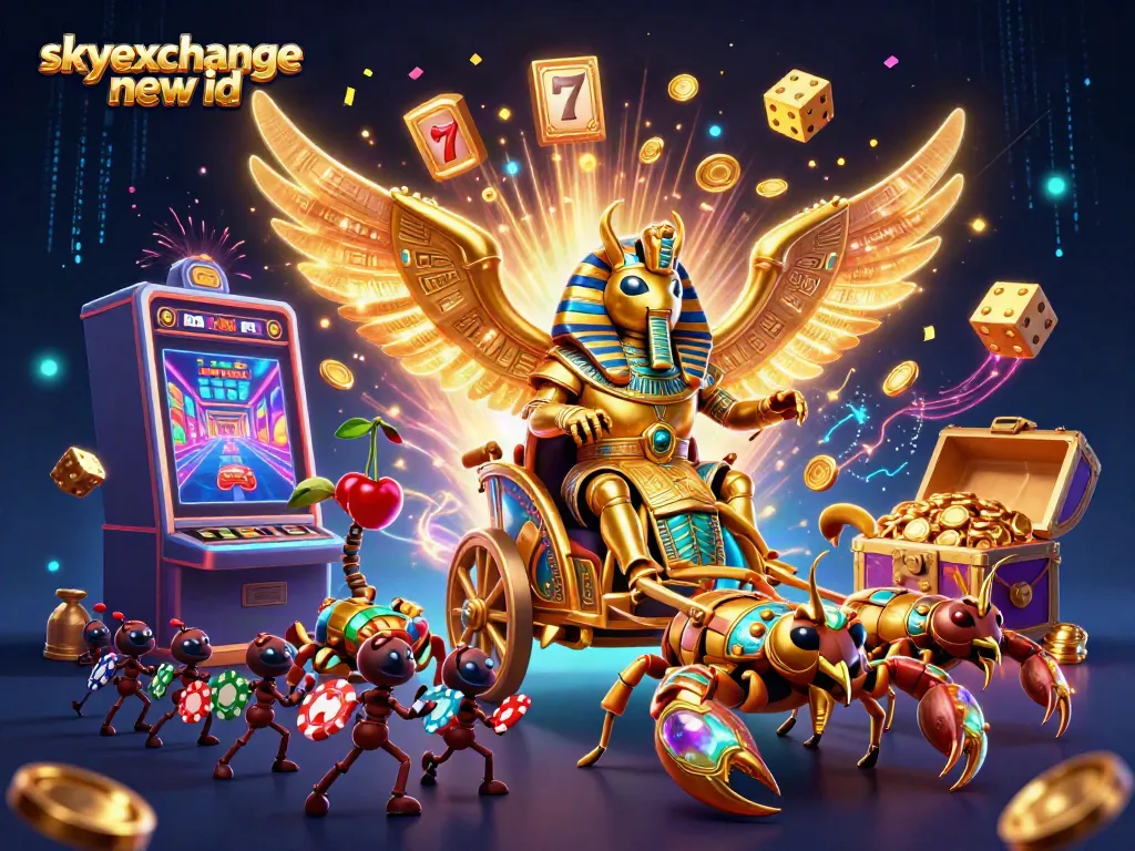 Exciting 3D scene showcasing the skyexchange new id featuring a charismatic golden scarab, dazzling slot machine, and unique casino elements.