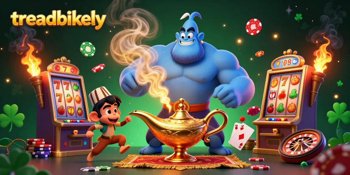 Engage with treadbikely's vibrant casino world showcasing a blue genie, magic carpet, and poker chips.